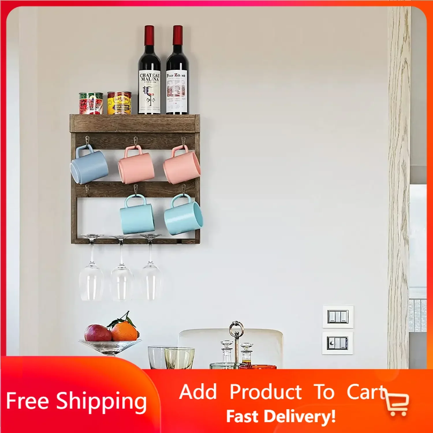 Wall Mounted Wine Glass and Coffee Mug Storage Rack Shelf with 6 Metal Hooks, Rustic Brown Rapid Transit Free Shipping
Wall Mounted Wine Glass and Coffee Mug Storage Rack Shelf with 6 Metal Hooks, Rustic Brown Rapid Transit Free Shipping