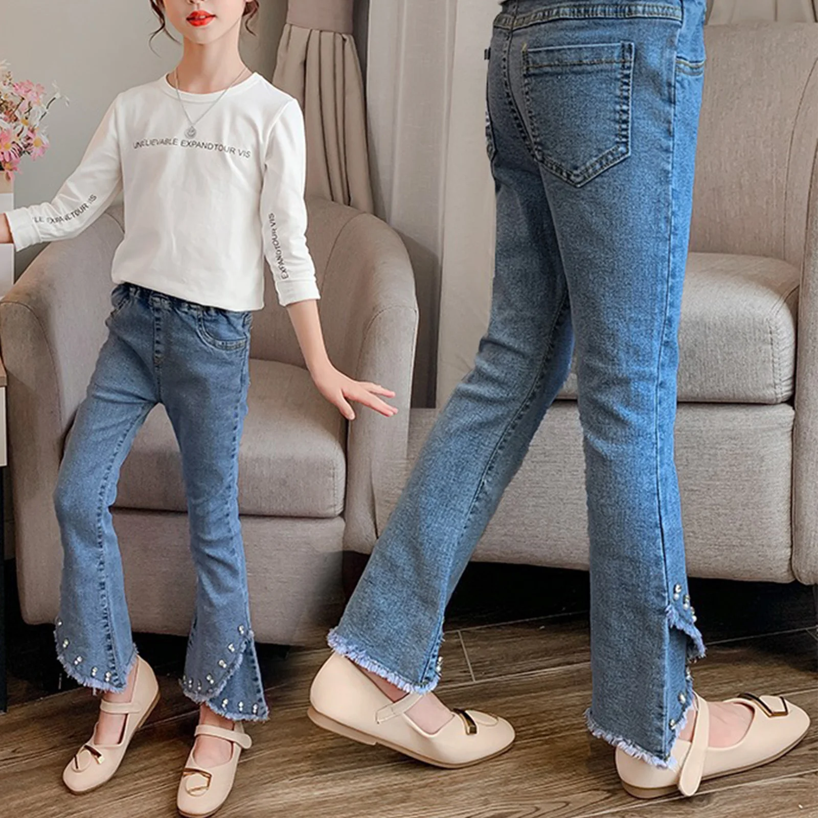 

Teen Student Girls Flared Jeans Autumn Kids Denim Pants Casual Jeans for Girls Pants 6 8 10 12 14 Years Faux Pearls Trousers