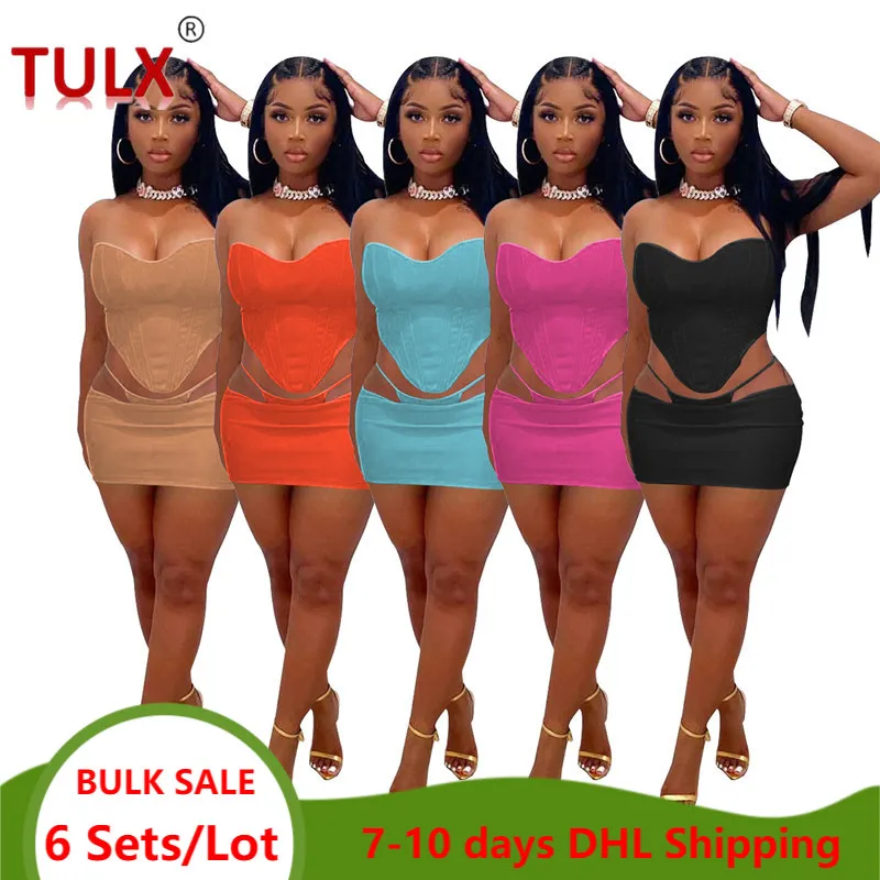 

6PCS Sexy Summer Leather Skirt 2 Piece Sets Women Clothes Party Club Outfits Strapless Tops Mini Skirt Prom Dress Wholesale 6992