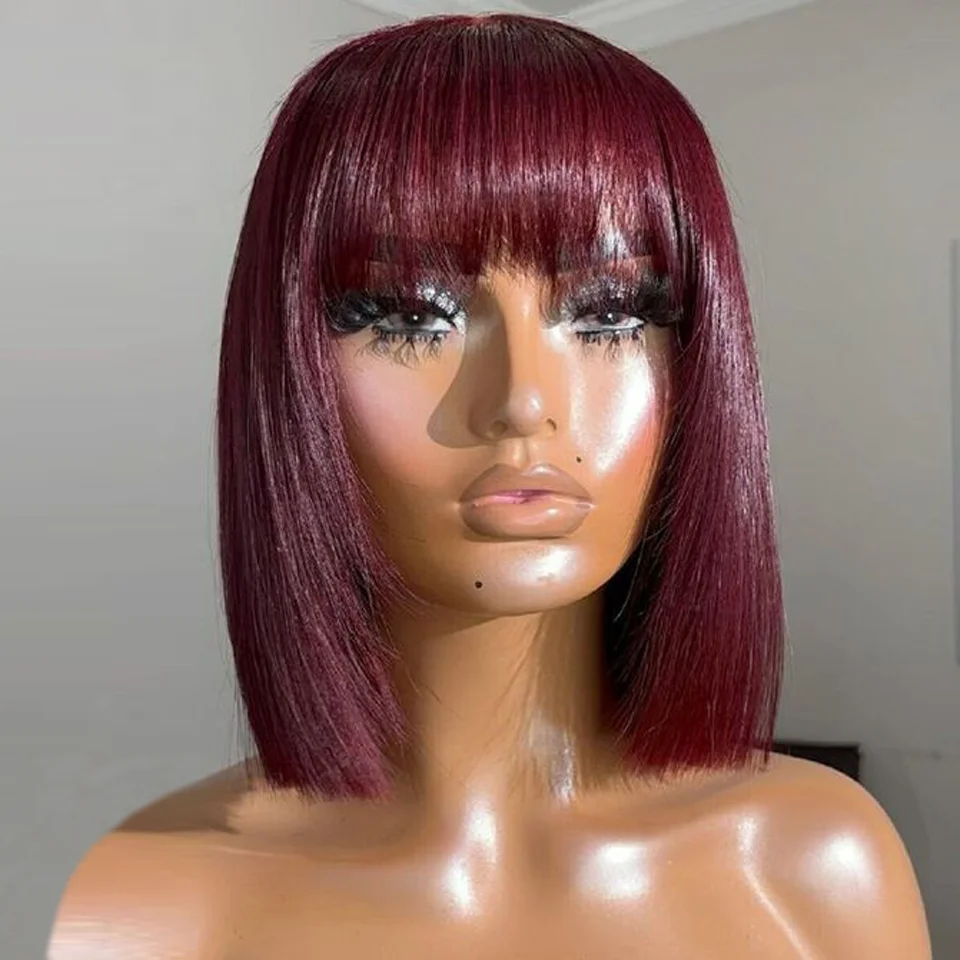 

99J Short Straight Bob Wigs With Bangs Burgundy Red Colored Glueless Bob Wig Brazilian Virgin Human Hair Wigs For Women 12 Inch