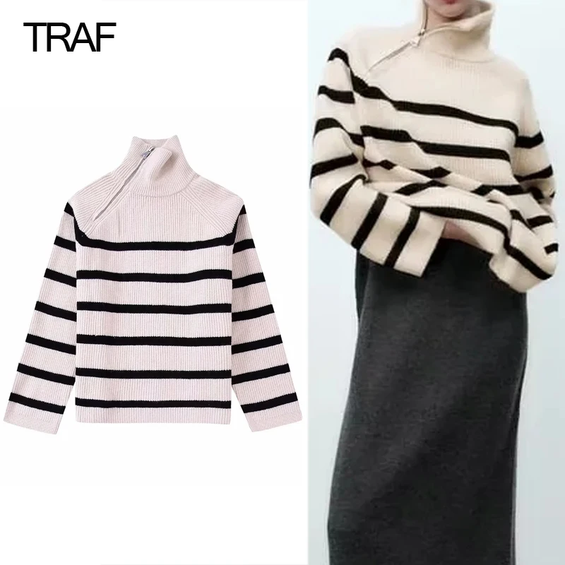 TRAF Zip Turtleneck Knitted Sweater Women Striped Women Sweater Long Sleeve Knit Sweater Woman Jumper Streetwear Jersey Pullover
TRAF Zip Turtleneck Knitted Sweater Women Striped Women Sweater Long Sleeve Knit Sweater Woman Jumper Streetwear Jersey Pullover