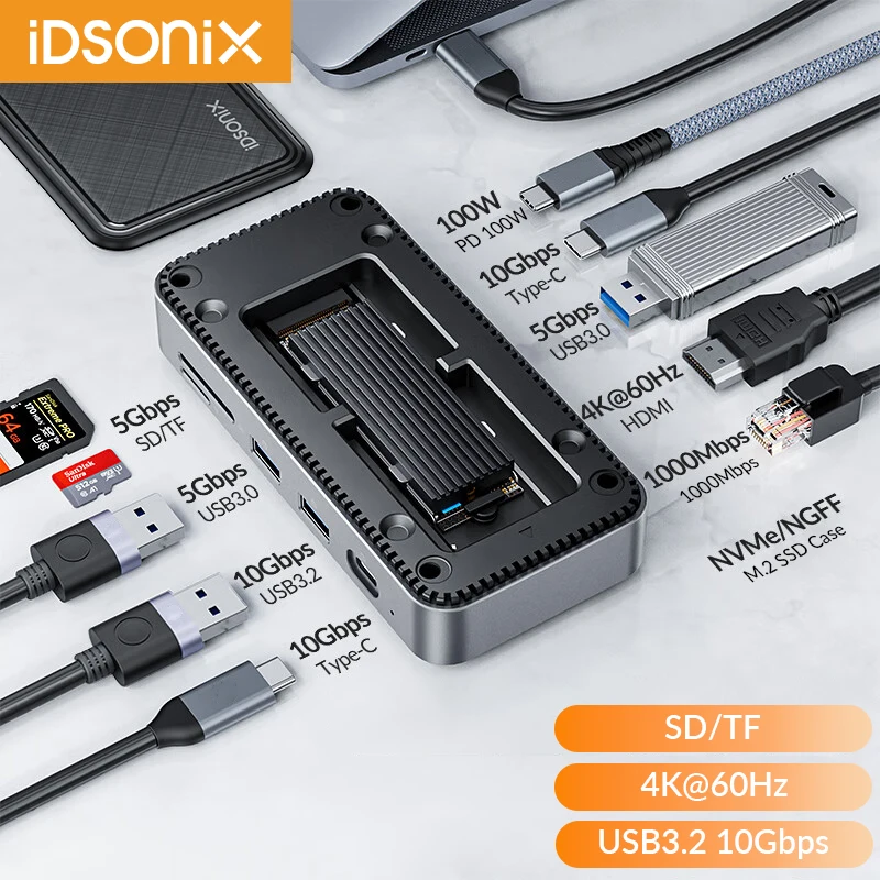 Док-станция iDsonix с M.2 NVMe SSD, адаптер для HDMI-совместимого кардридера, RJ45 SATA
Док-станция iDsonix с M.2 NVMe SSD, адаптер для HDMI-совместимого кардридера, RJ45 SATA