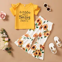 Little Girl Clothes Set Short Sleeve Top+Flower Pattern Flare Pants 2pcs Infants Baby Girl Outfits Toddler Girl Clothes