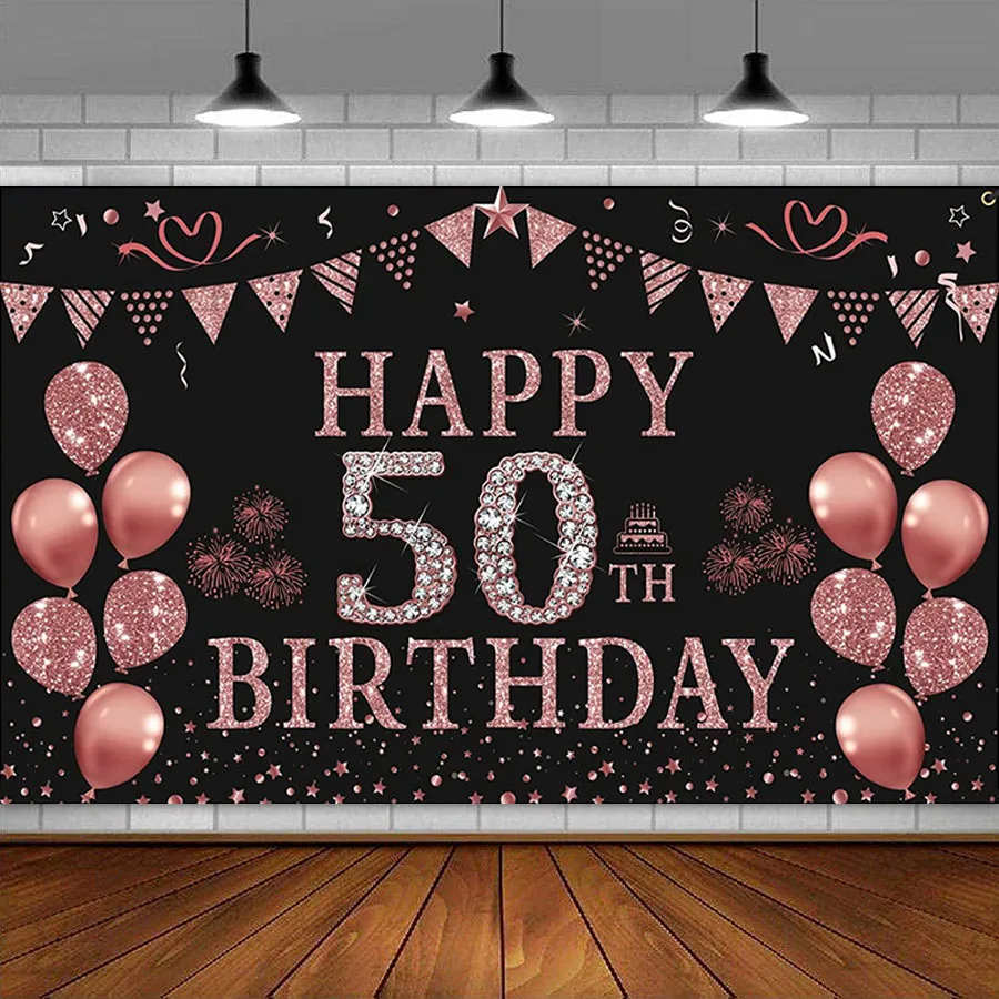 

Фон для фотосъемки с изображением розового золота 50-го дня рождения для женщин 50 лет Блестящий Фон с бриллиантами баннер для пятидесяти Веч...