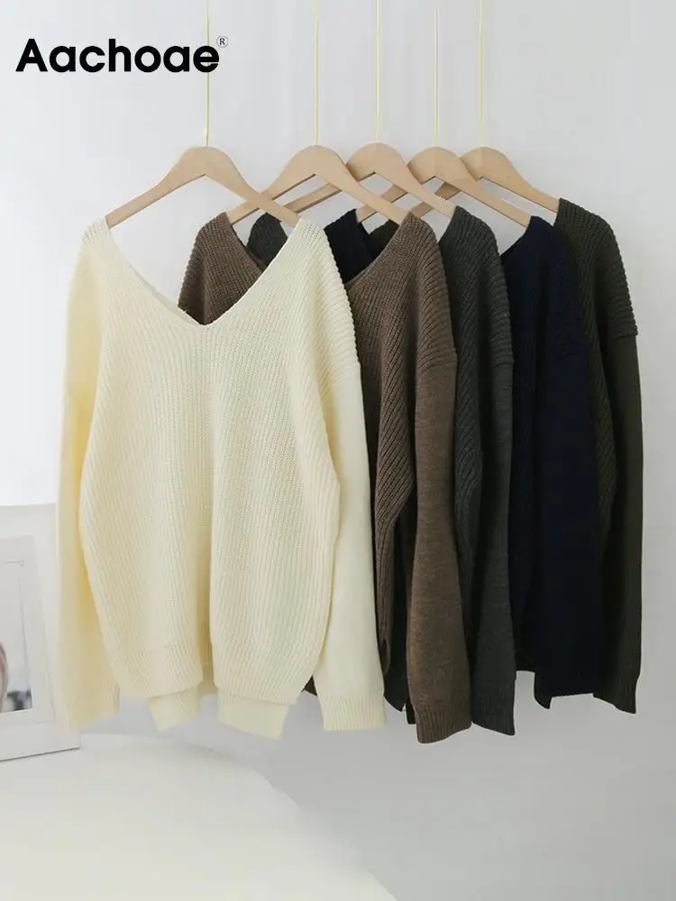 

Aachoae Women Elegant V Neck Pullover Sweater 2022 Autumn Solid Casual Basic Jumper Tops Batwing Long Sleeve Loose Sweaters