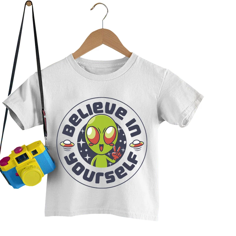 

Детская футболка с принтом инопланетянина вера в себя, Забавные топы с коротким рукавом для маленьких мальчиков и девочек, футболки с мультяшным НЛО, инопланетянином, футболка для мальчиков и девочек