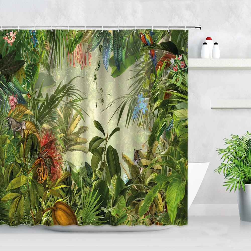 

Jungle Plants Shower Curtain Monkey Coconut Tree Palm Trees Leopard Parrot Green Leaves Scenery Bathroom Home Decor Curtains