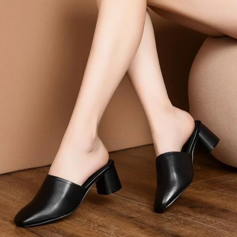 

HUAXI Baotou Half Slippers Women Summer New Outer Wear Fashion Solid Color Square Toe Thick Heel High-heeled Women's Slides