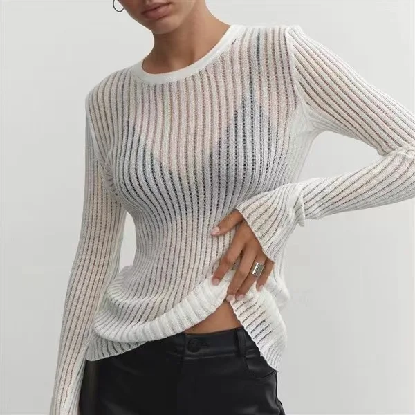 Sexy Pullover Top 2023 New Spring and Summer Sweater Mesh Long Sleeve Round Neck Thin Breathable Beach The White Stripes Top
Sexy Pullover Top 2023 New Spring and Summer Sweater Mesh Long Sleeve Round Neck Thin Breathable Beach The White Stripes Top