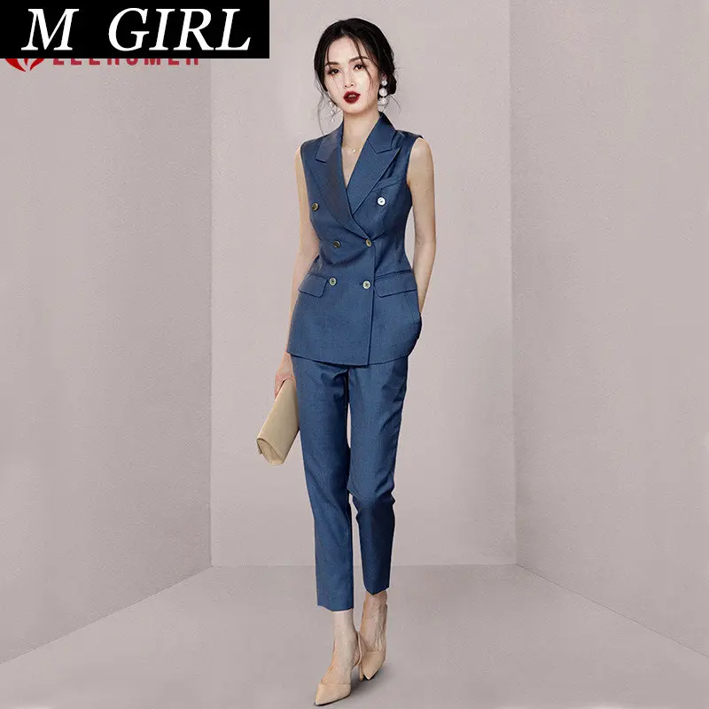 Summer Office Trousers Suit Women Notched Sleeveless Double Breasted Suit Coat + High Waist Ankle-Length Pants 2 Piece Sets
Summer Office Trousers Suit Women Notched Sleeveless Double Breasted Suit Coat + High Waist Ankle-Length Pants 2 Piece Sets