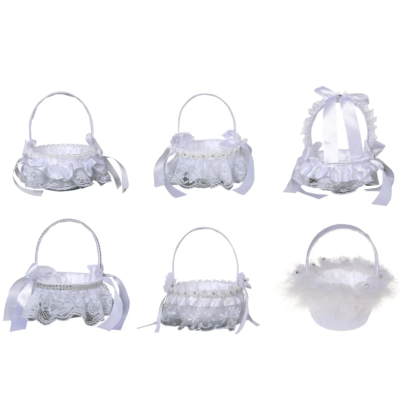 

Flower Girl Basket White Small Satin Cloth Baskets with Lace Faux Flowers Bows Pearls Decor for Wedding Ceremony