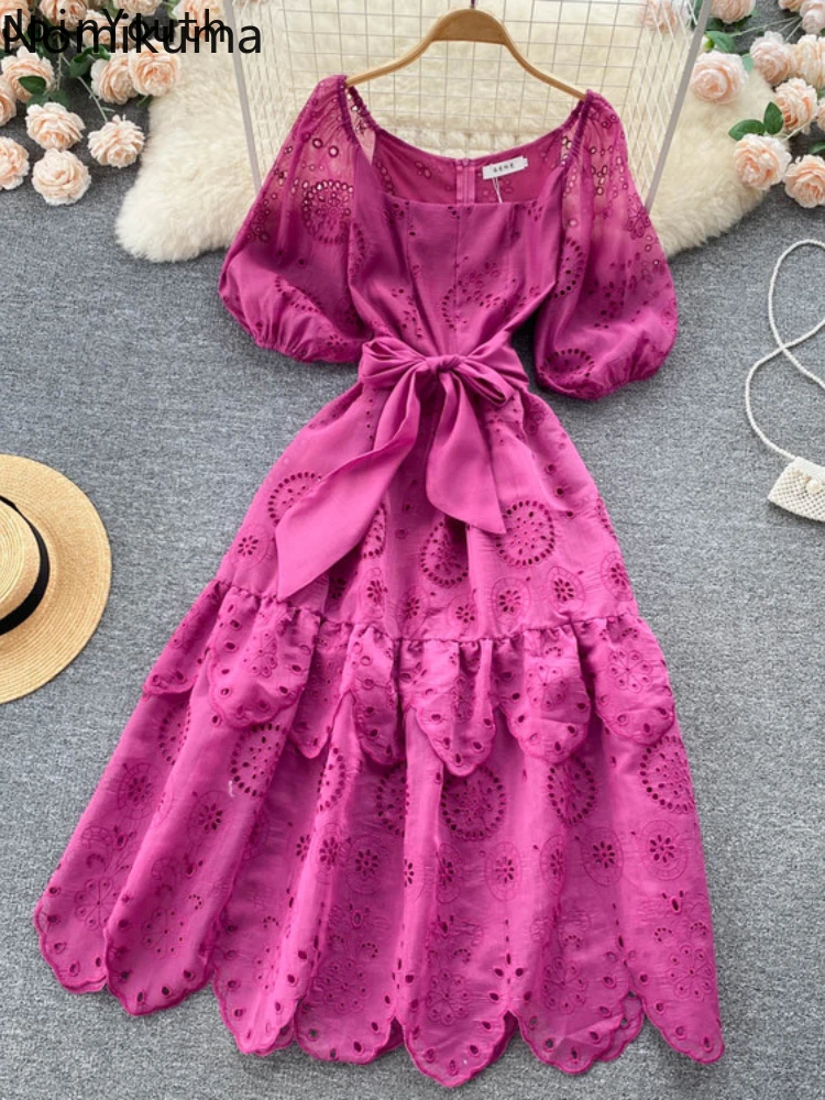 Nomikuma Dress for Women Summer Jacquard Hollow Out Lace Patchwork Slim Waist Tunic Maxi Dress Temperament Retro Robe Longue 
Nomikuma Dress for Women Summer Jacquard Hollow Out Lace Patchwork Slim Waist Tunic Maxi Dress Temperament Retro Robe Longue