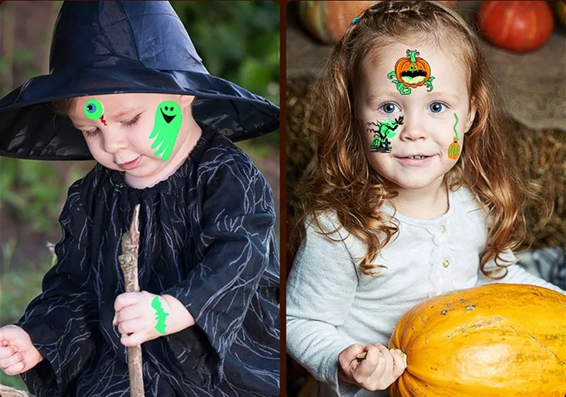 10pcs Halloween Luminous Tattoo Paste Children's Cartoon Skull Temporary Neck Wrist Arm Leg Foot Sticker |