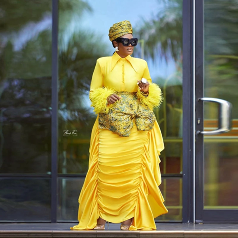 Trendy Yellow Pleated Satin Evening Dresses High Neck Long Sleeves Taffeta Plus Size Prom Dress Pretty Feathers Edge Aso Ebi Pro
Trendy Yellow Pleated Satin Evening Dresses High Neck Long Sleeves Taffeta Plus Size Prom Dress Pretty Feathers Edge Aso Ebi Pro