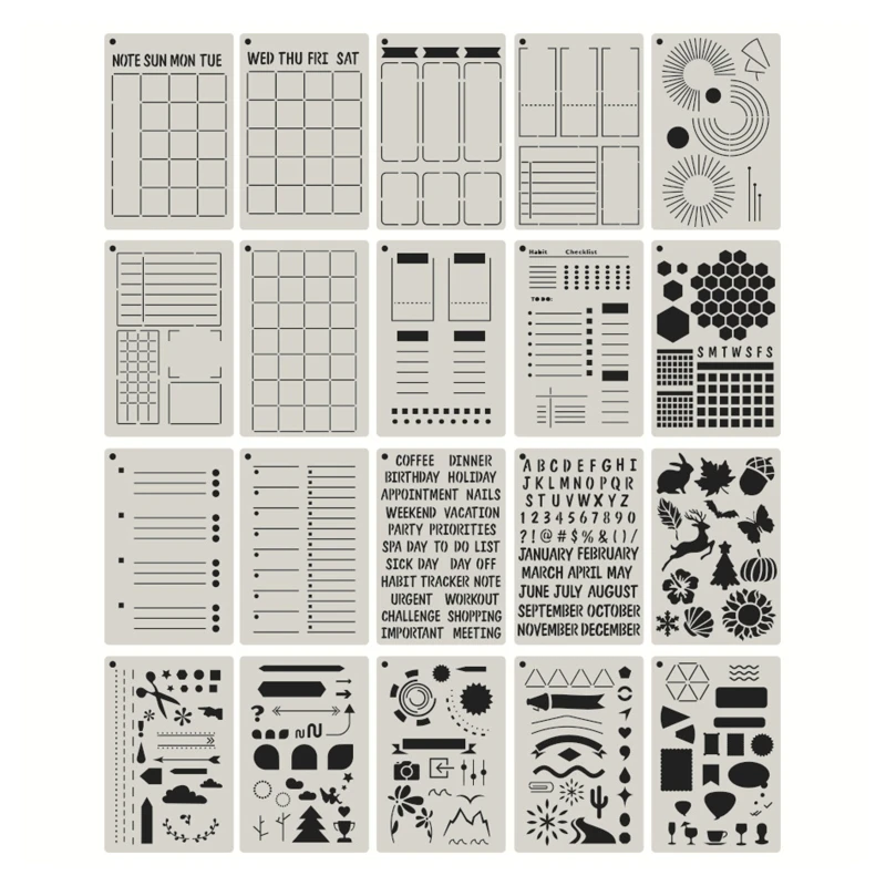 20 Pieces Journal Templates Scrapbooking Stencil for DIY Journal Planner Notebook Painting DIY Craft Project 
20 Pieces Journal Templates Scrapbooking Stencil for DIY Journal Planner Notebook Painting DIY Craft Project