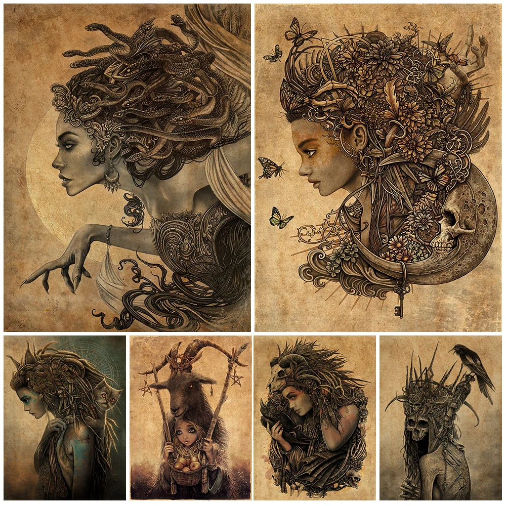 Medusa And Shaman Witches Retro настенная живопись на холсте злый дьявол ведьмастерская