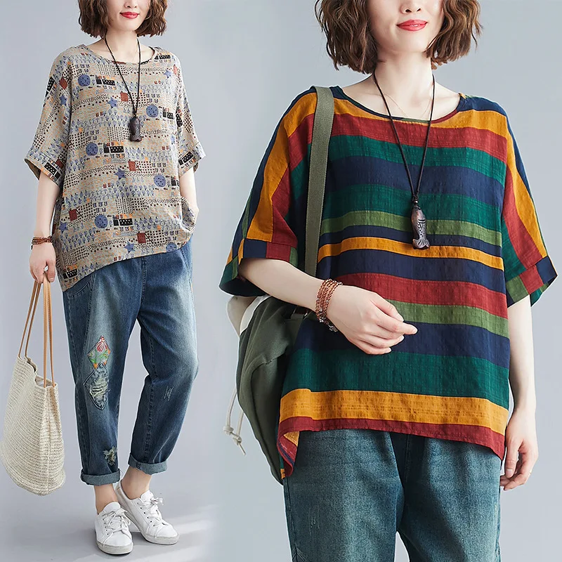 Sweet Short Sleeve Stripe Blouse Loose Print O-neck Leisure Clothes Office Lady Fashion Tops Casual Plus Size T-Shirt
Sweet Short Sleeve Stripe Blouse Loose Print O-neck Leisure Clothes Office Lady Fashion Tops Casual Plus Size T-Shirt