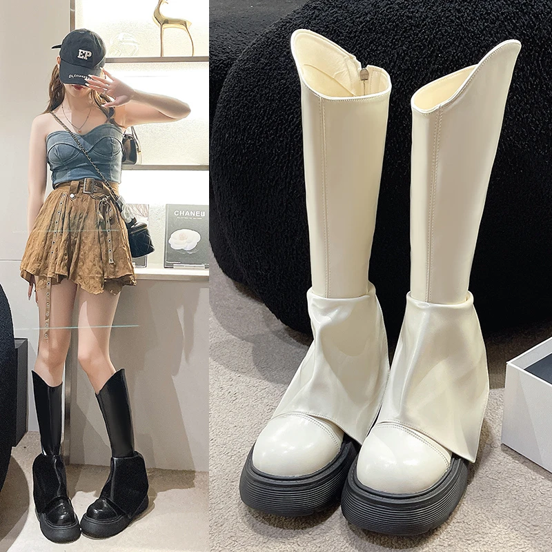 

Женская обувь, осенние сапоги, женские привлекательные сапоги до бедра на высоком каблуке, привлекательные Сапоги выше колена с круглым носком, Дамская резиновая обувь в стиле «лолита» на среднем каблуке, 2023