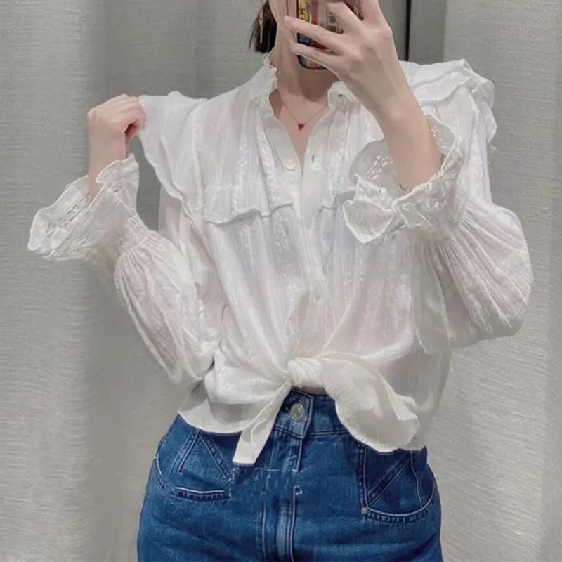 Ruffle collar women high quality white blouse hollow out long sleeve Single-breasted Female shirt tops
Ruffle collar women high quality white blouse hollow out long sleeve Single-breasted Female shirt tops