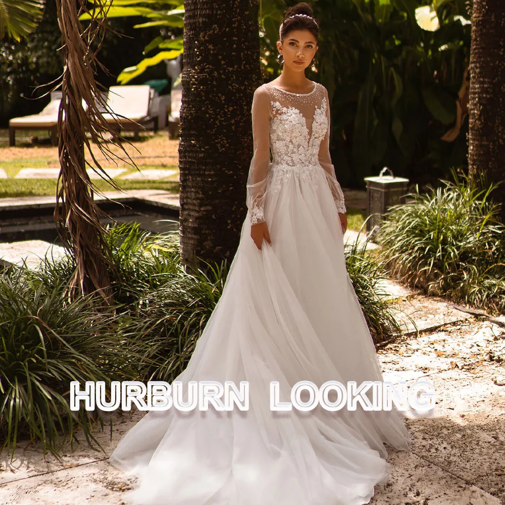 

HERBURN Delicate Pearls Wedding Dresses For Women Illusion Long Sleeves Chiffon 2023 Dropping Shipping Vestido De Casamento