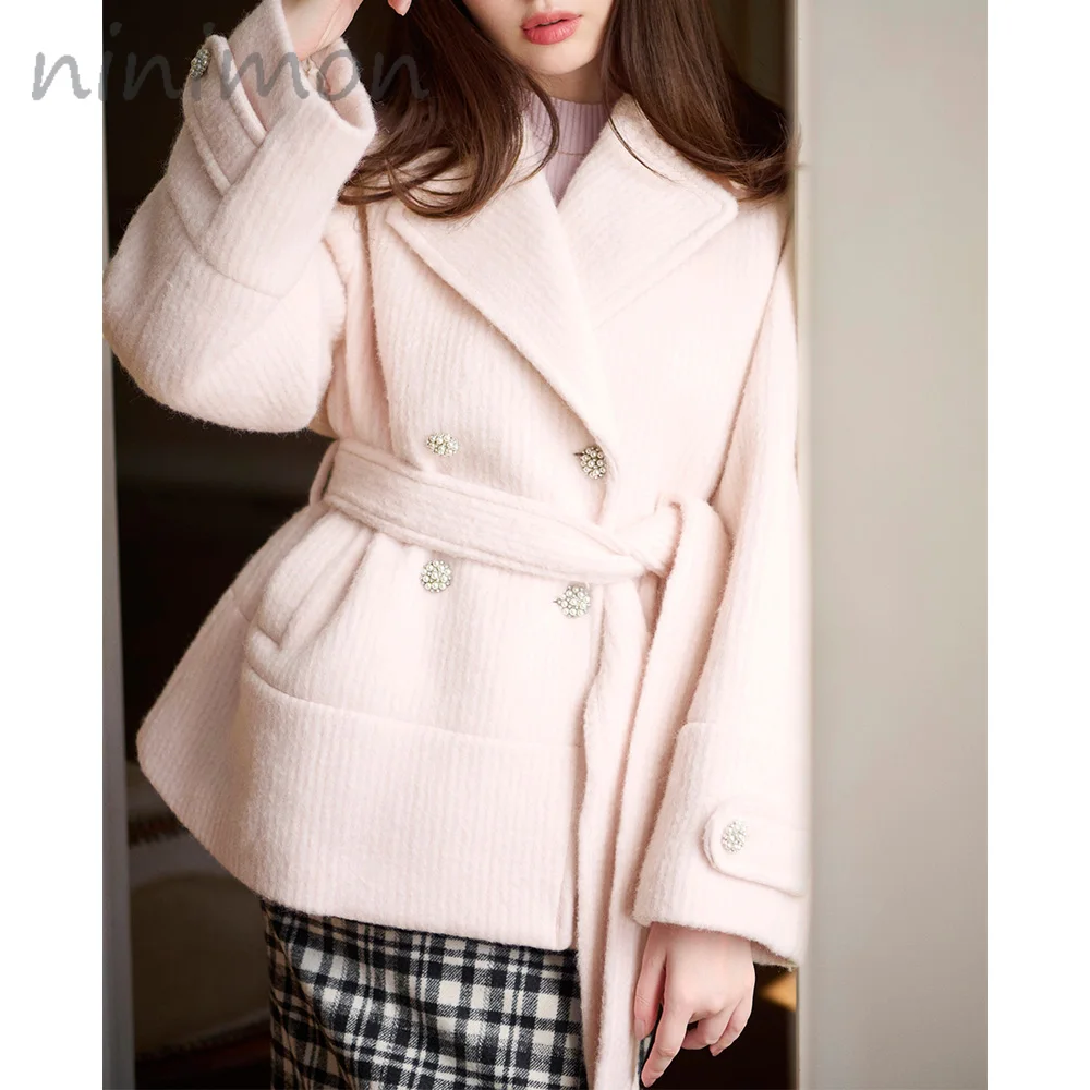 

NINIMON Odette Wool-Blend Coat 60% Wool Tweed Vintage Blazer Outerwear with Belts Pockets Vintage Jacket Double Breasted Tops