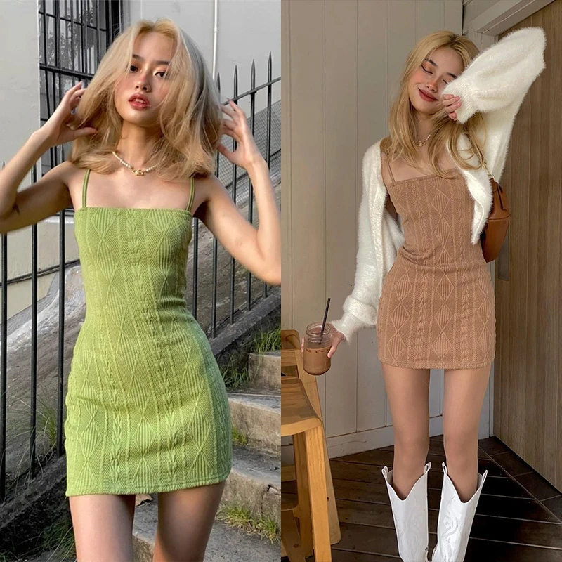 Women's Spaghetti Strap Mini Dress, Sleeveless Solid Color Cable Knit Bodycon Dress
Women's Spaghetti Strap Mini Dress, Sleeveless Solid Color Cable Knit Bodycon Dress