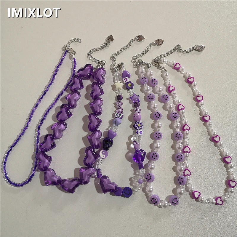 

2022 Kpop Aesthetic Purple Acrylic Smiley Heart Pearl Beaded Choker Necklace For Women Egirl Goth Harajuku Y2k Vintage Jewelry