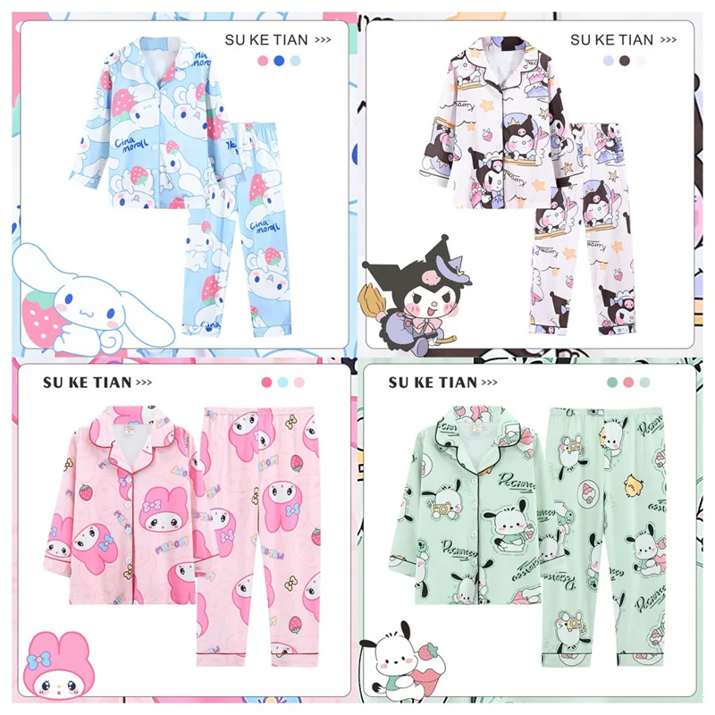 

Cartoon Sanrios Childrens Casual Round Neck Long Sleeved Pajamas Cute Cinnamoroll Kuromi Cotton Like Pajamas Home Clothes Set