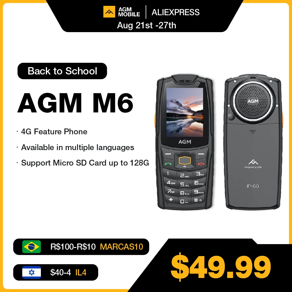 

AGM M6 4G IP68 Push-Button Phones Keypad Phone 2500mAh Rugged Cellphone Dual SIM Feature Phone Celular For Senior