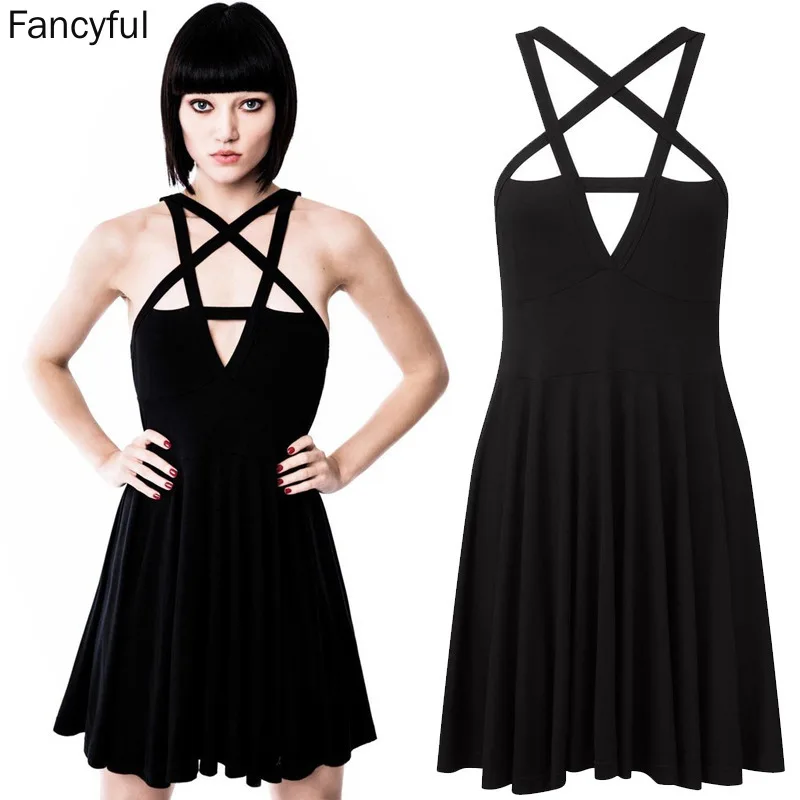 Women Punk Grunge Sexy A-Line Dress Fashion Pentagram Strap Gothic Dress Ladies Dark Summer Dresses Pleated Slim Street Style
Women Punk Grunge Sexy A-Line Dress Fashion Pentagram Strap Gothic Dress Ladies Dark Summer Dresses Pleated Slim Street Style