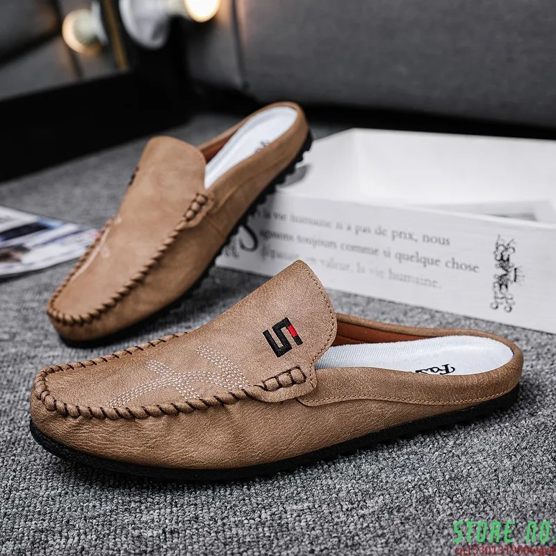 

Half Shoes For Men Leather Half Slipper Slip On 3 Colors Flat Italian Style Fashion Driving Shoes Man Mocasines Hombre ciabatte