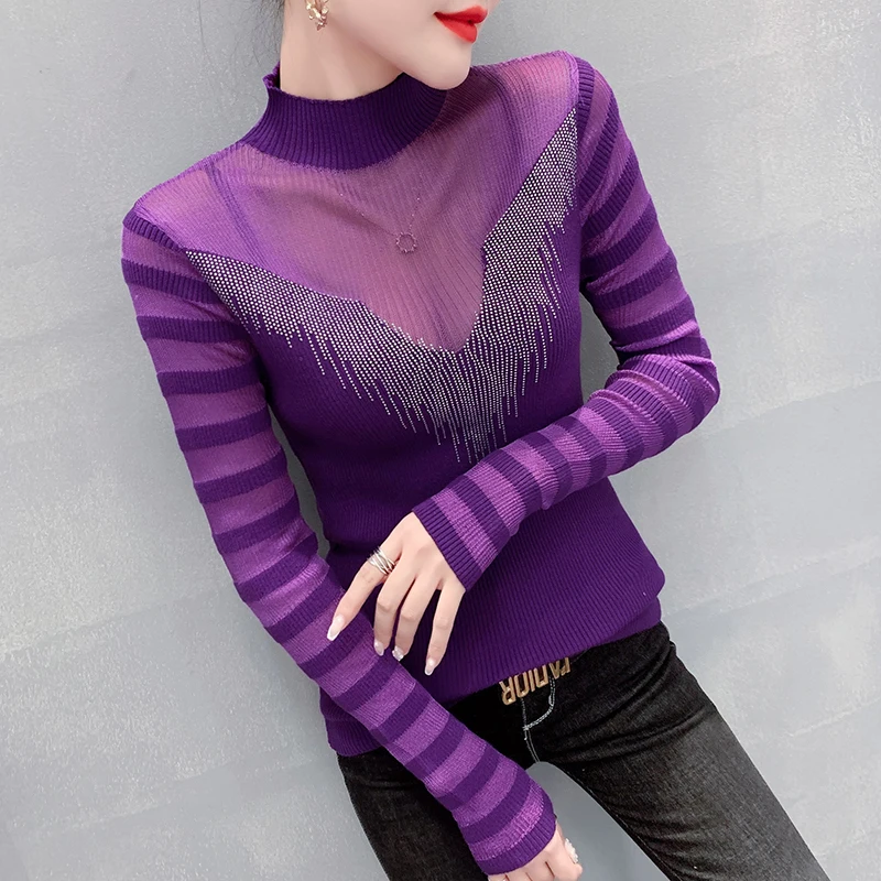 

Fall Winter Knitted Mock Neck Sweater Sexy Spliced Mesh Diamonds Women's Long Sleeve Striped Bottoming Shirt Pullovers Tops 1027