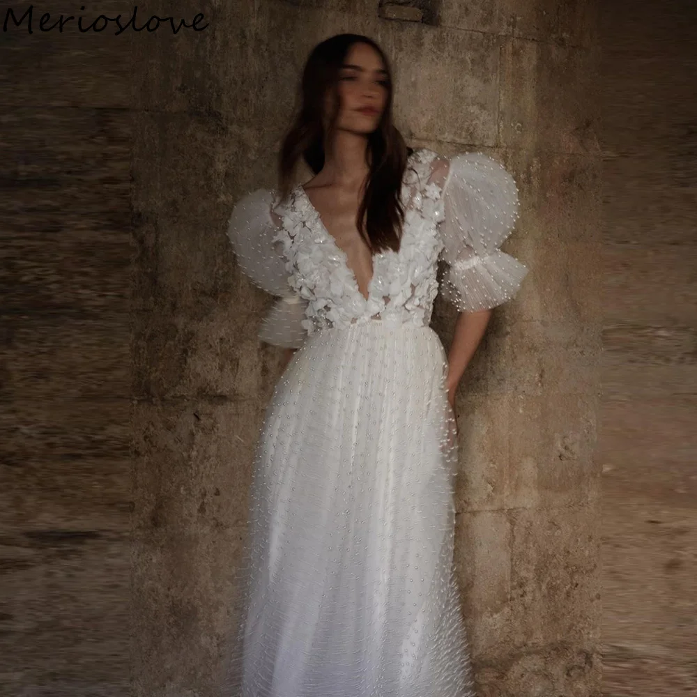

Merioslove Boho Wedding Dresses Beadings 3D Flowers Pearls Puff Sleeves A-Line Bridal Gowns Illusion Beach Bride Dress 2023