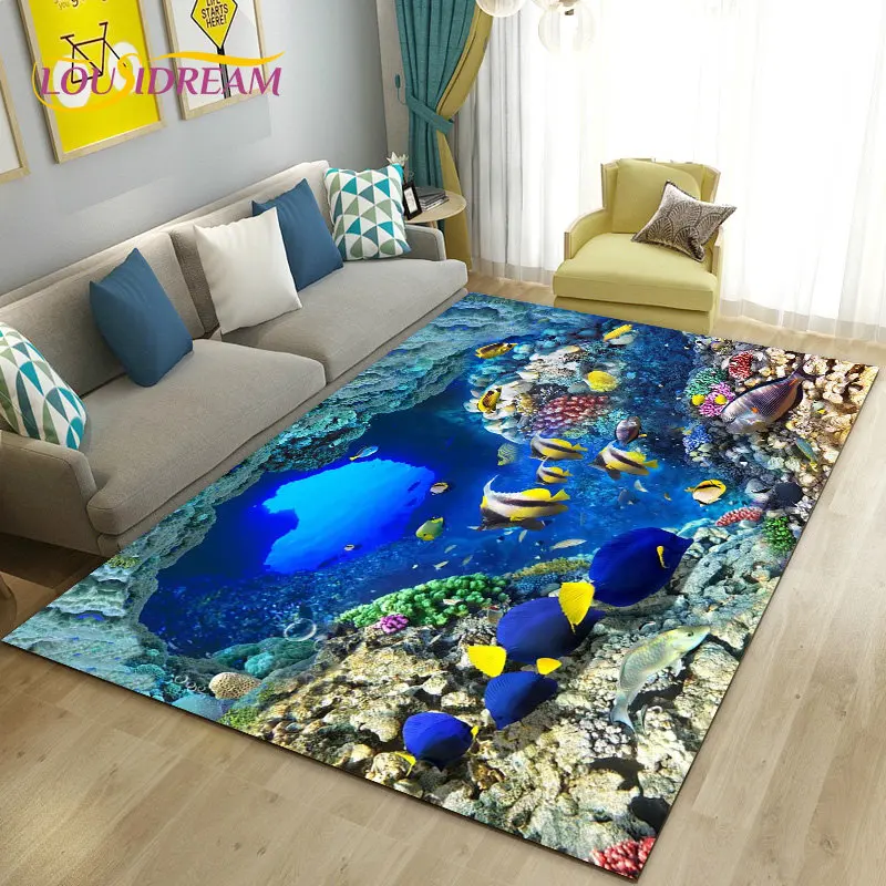 

3D Seabed illusion Underwater World Dolphin Shark Area Rug ,Carpet Rug for Living Room Bedroom Sofa Doormat Non-slip Floor Mat