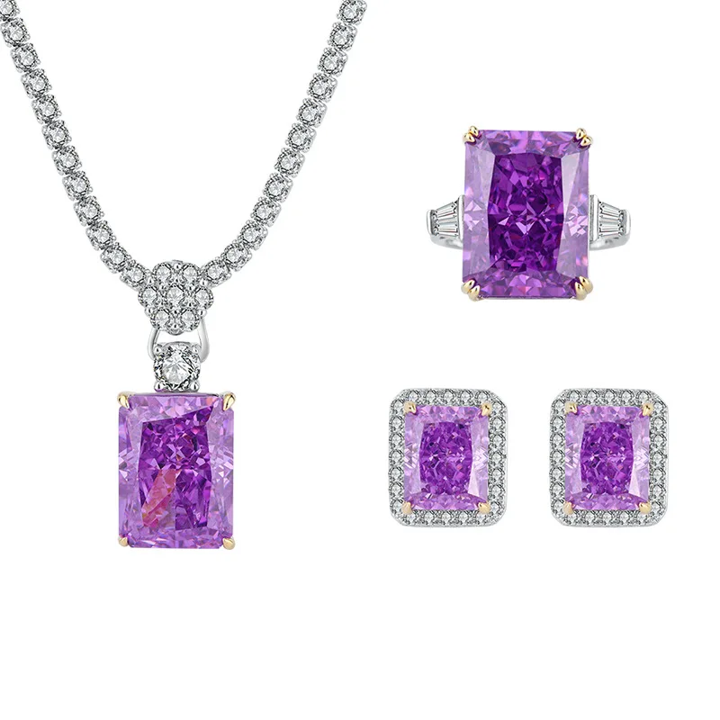 New Fashion Trend S925 Silver Inlaid 5A Zircon Radiant Cut Purple Diamond Pendant Ring Stud Earrings Set
New Fashion Trend S925 Silver Inlaid 5A Zircon Radiant Cut Purple Diamond Pendant Ring Stud Earrings Set