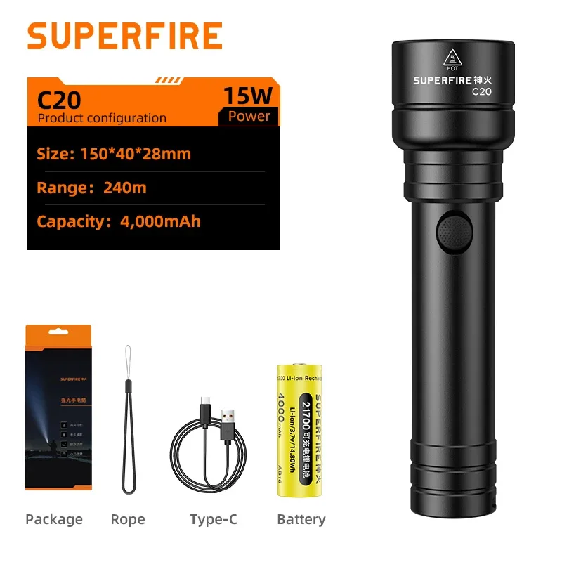 SUPERFIRE C20 15 Вт фонарик
SUPERFIRE C20 15 Вт фонарик