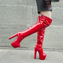 Rimocy Women Platform Over The Knee Boots Sexy 17CM Super High Heels Red Patent Leather Long Boots Woman 2022 Winter Black Shoes