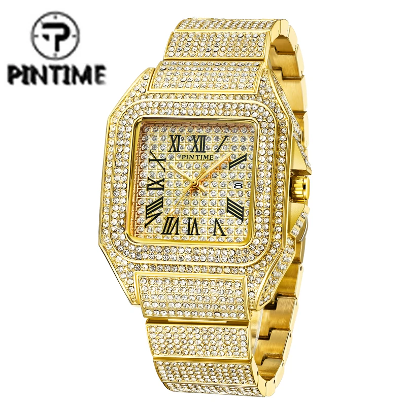 

PINTIME Fashion Men Big Dial Bling Diamond Watch Full Iced Out Square Quartz Watches Hip Hop Shinning Gift Wristwatch