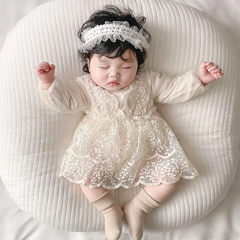 

0-2Years Princess Newborn Baby Girl Dress Romper Long Sleeve Lace Embroidery Skirted Jumpsuit One-Pieces Birthday Party Clothes