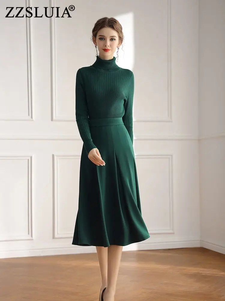 Elegant Knitted Skirts Suits For Women Turtleneck Long Sleeve Green Pullover Sweater+ Pleated Midi Skirts Set Fashion Twinset
Elegant Knitted Skirts Suits For Women Turtleneck Long Sleeve Green Pullover Sweater+ Pleated Midi Skirts Set Fashion Twinset