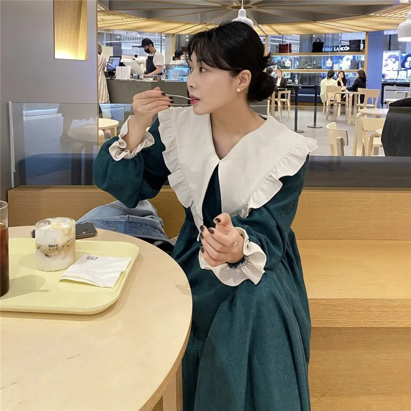 Chic Japanese Style Harajuku Dress Women Retro Lapel Collar French Sweet Long Dress Long Sleeves Loose Casual Gothic Dress 
Chic Japanese Style Harajuku Dress Women Retro Lapel Collar French Sweet Long Dress Long Sleeves Loose Casual Gothic Dress