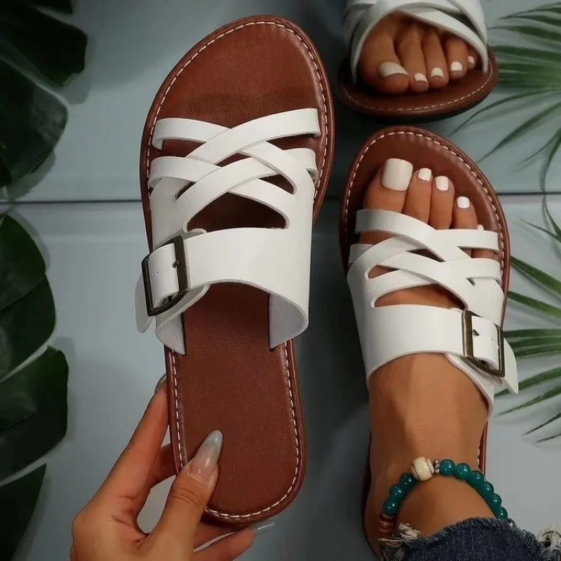 Сандалии Женские однотонные с ремешком на щиколотке, модная повседневная пляжная обувь на плоской подошве, лето 2023 
Сандалии Женские однотонные с ремешком на щиколотке, модная повседневная пляжная обувь на плоской подошве, лето 2023