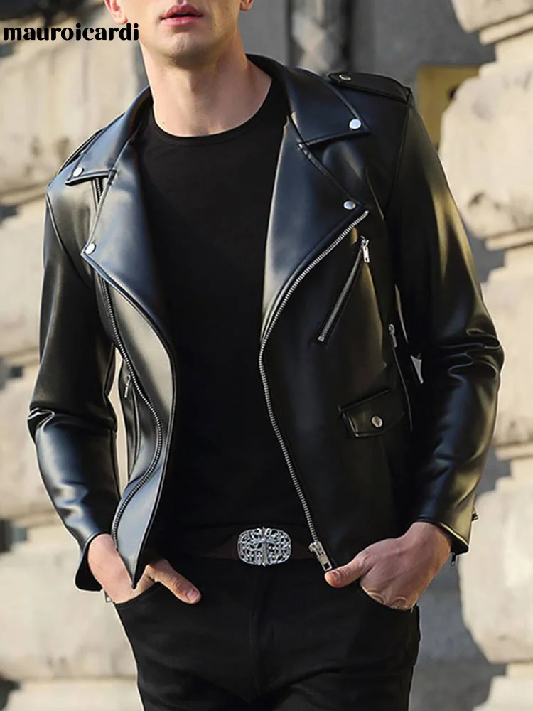 Mauroicardi Spring Autumn Short Fitted Cool Black Faux Leather Biker Jacket Men Zipper Long Sleeve Plus Size Clothing 4xl 5xl
Mauroicardi Spring Autumn Short Fitted Cool Black Faux Leather Biker Jacket Men Zipper Long Sleeve Plus Size Clothing 4xl 5xl