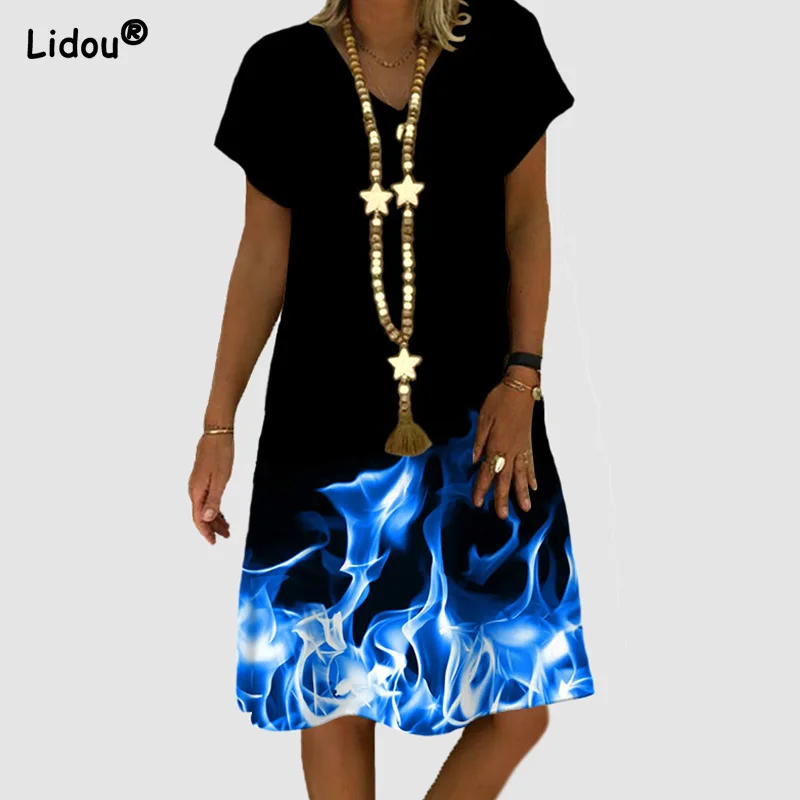 Flame Printing V Neck Short Sleeve Dresses Loose Waist Casual Summer 2022 Women Clothing Pullover Y2K Comfortable Grace Robe 
Flame Printing V Neck Short Sleeve Dresses Loose Waist Casual Summer 2022 Women Clothing Pullover Y2K Comfortable Grace Robe