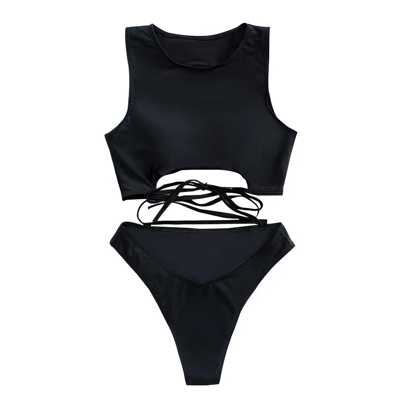 

Solid Black Thong Low Waisted Bikini Two Piece Swimsuits 2022 Sporty High Neck Racerback Tank Top Criss Cross String Swimwear
