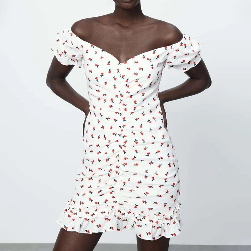 

2022 Summer Women Fashion Cherry Embroidery Folds Dress Maiden Style Short Sleeve One Word Collar Female Short Dress CD8551