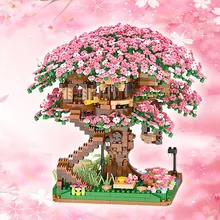 2138PCS Mini Sakura Tree House Building Blocks Cherry Blossom Plant City Street View Bricks DIY Model Ornament Toy Children Gift