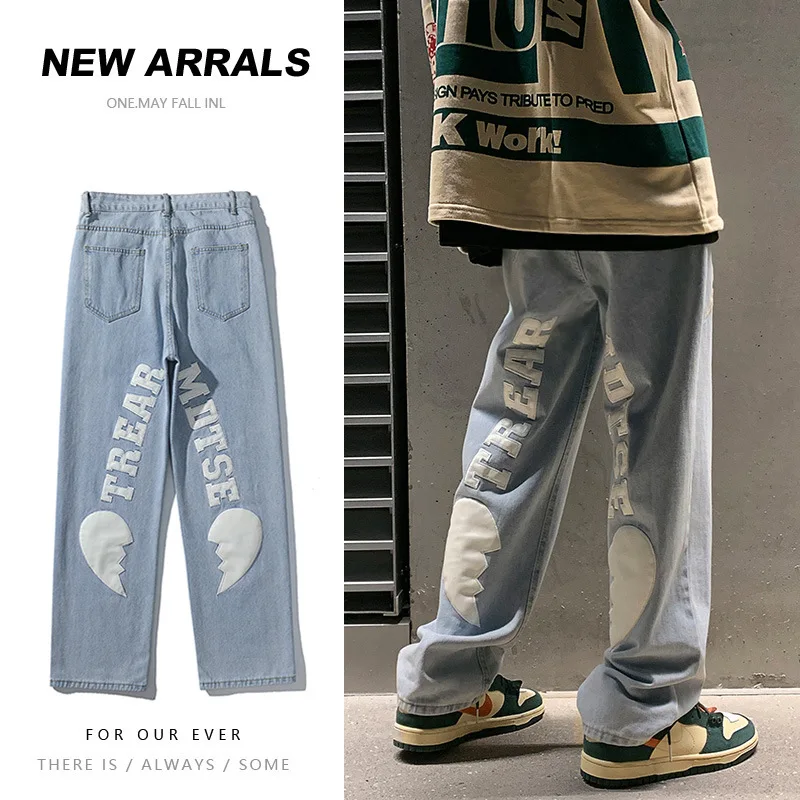 Jeans Men's High Street Ins Trendy American Straight Loose Design Sense of Mopping Wide Leg Trousers Stitching Love Embroidery
Jeans Men's High Street Ins Trendy American Straight Loose Design Sense of Mopping Wide Leg Trousers Stitching Love Embroidery