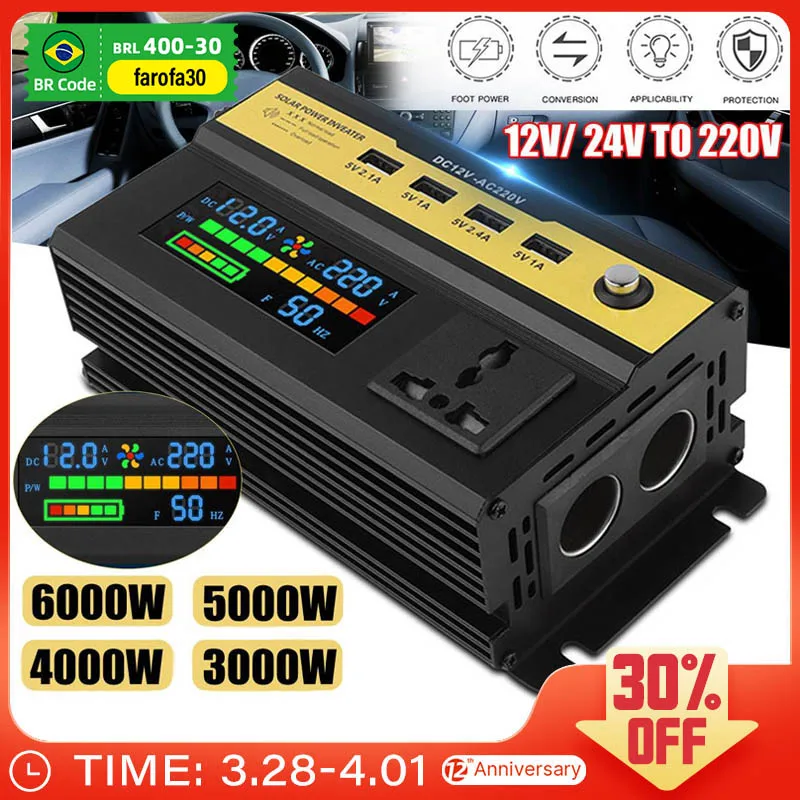 6000W Inverter Pure Sine Wave DC 12v/24v To AC 220V Voltage Transformer Power Converter Solar Inverter LCD Display 4 USB
6000W Inverter Pure Sine Wave DC 12v/24v To AC 220V Voltage Transformer Power Converter Solar Inverter LCD Display 4 USB