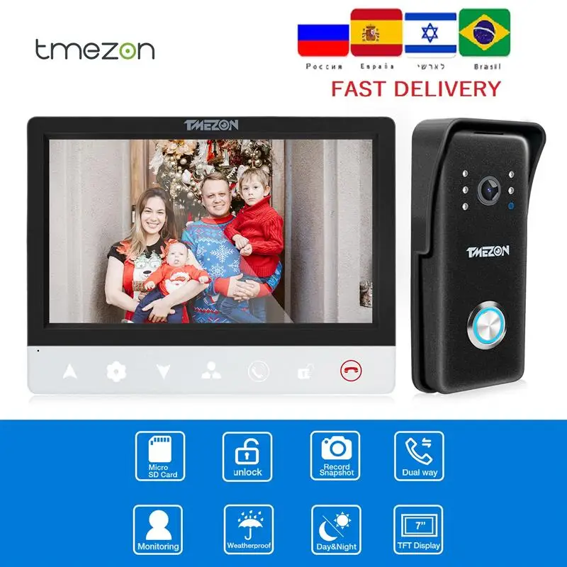 

Проводная система видеодомофона TMEZON с TFT-экраном 7 дюймов и камерой 1000TVL, поддерживает запись/моментальный звонок, поддерживает только 1 монитор
